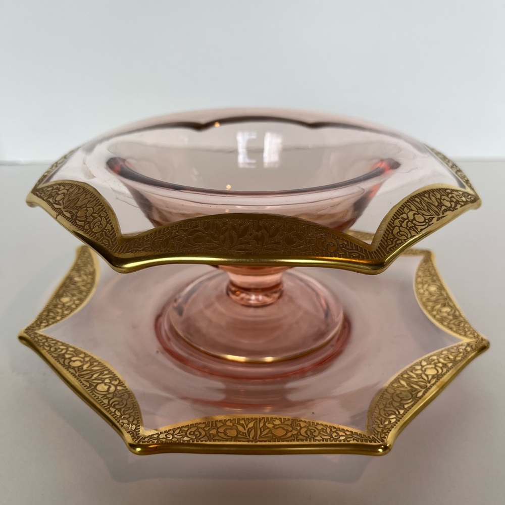 Tiffin Franciscan Compote with Under Plate Pink Depression Glass 1930s